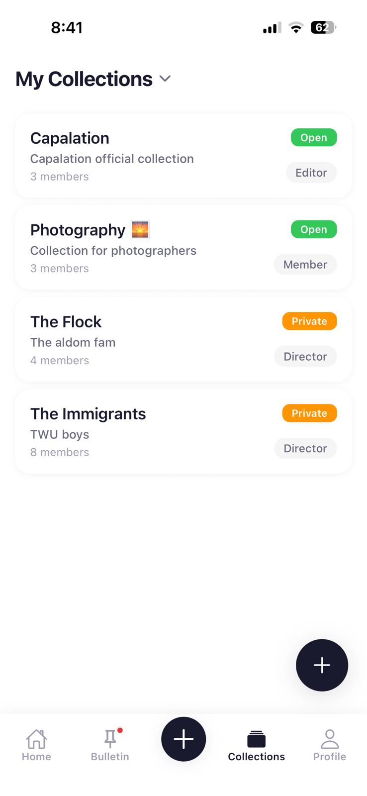 My Collections screen listing open and private collections