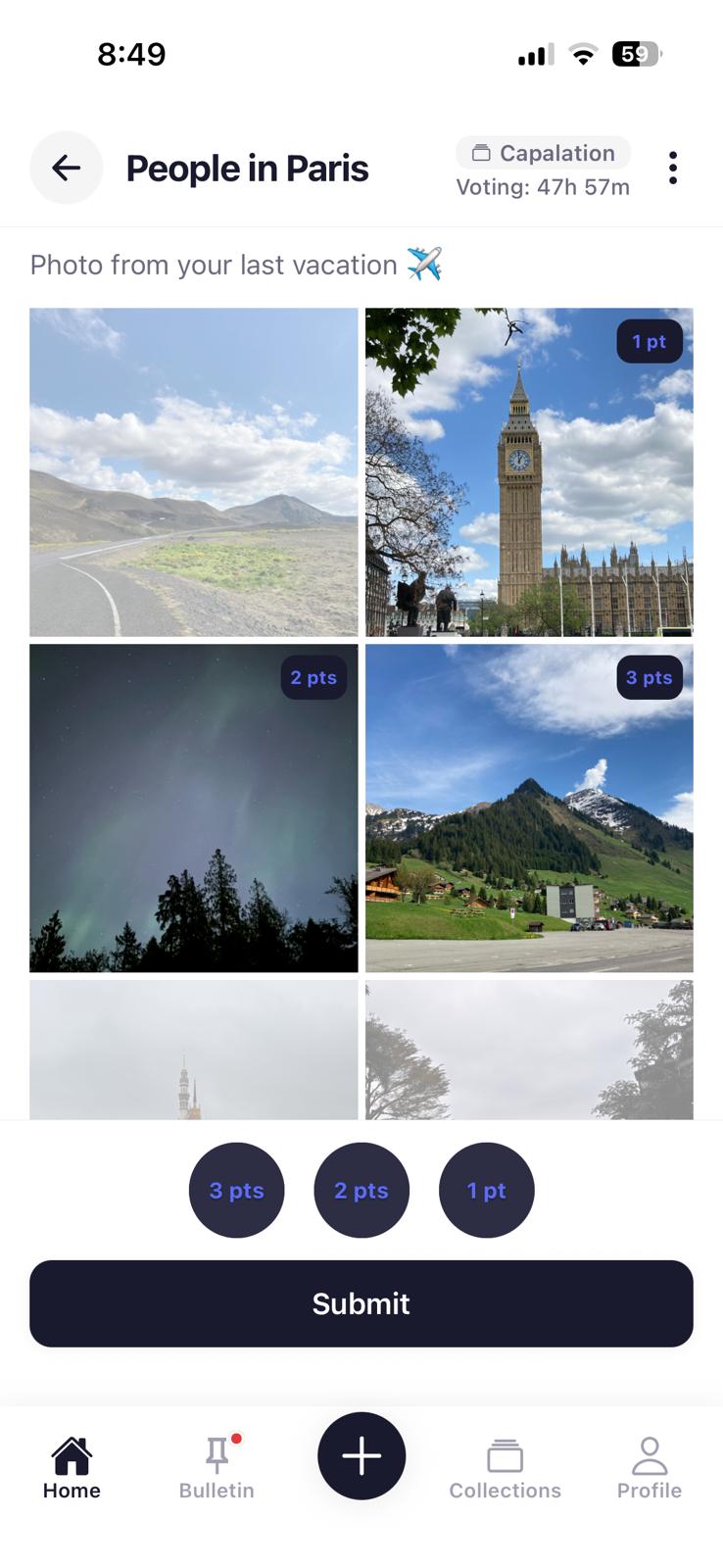 Voting screen where you award 1, 2, and 3 points to your favourite photos